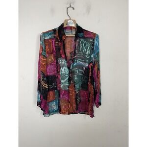 Chicos Womens Shirt 0 Small Silk Velvet Burnout Fairy Art to Wear Sheer Rainbow